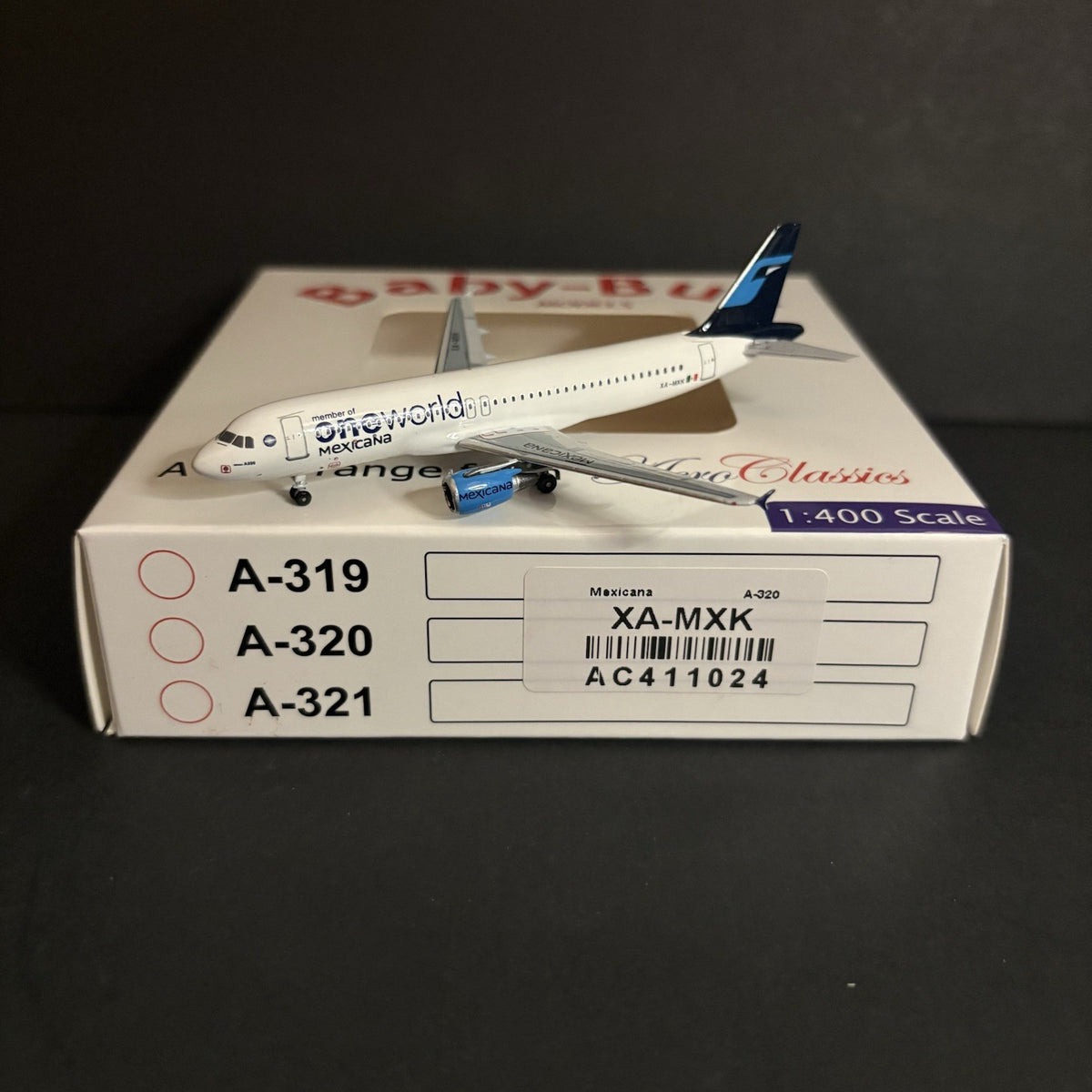 AeroClassics 1:400 Mexicana Airbus A320 XA-MXK OneWorld AC411024 Scale Model